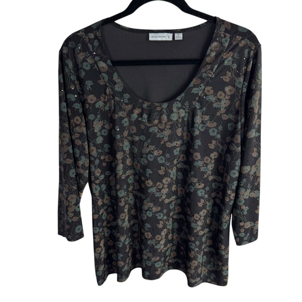 Susan Graver Women's Top Size XL Black Floral Print 3/4 Sleeves